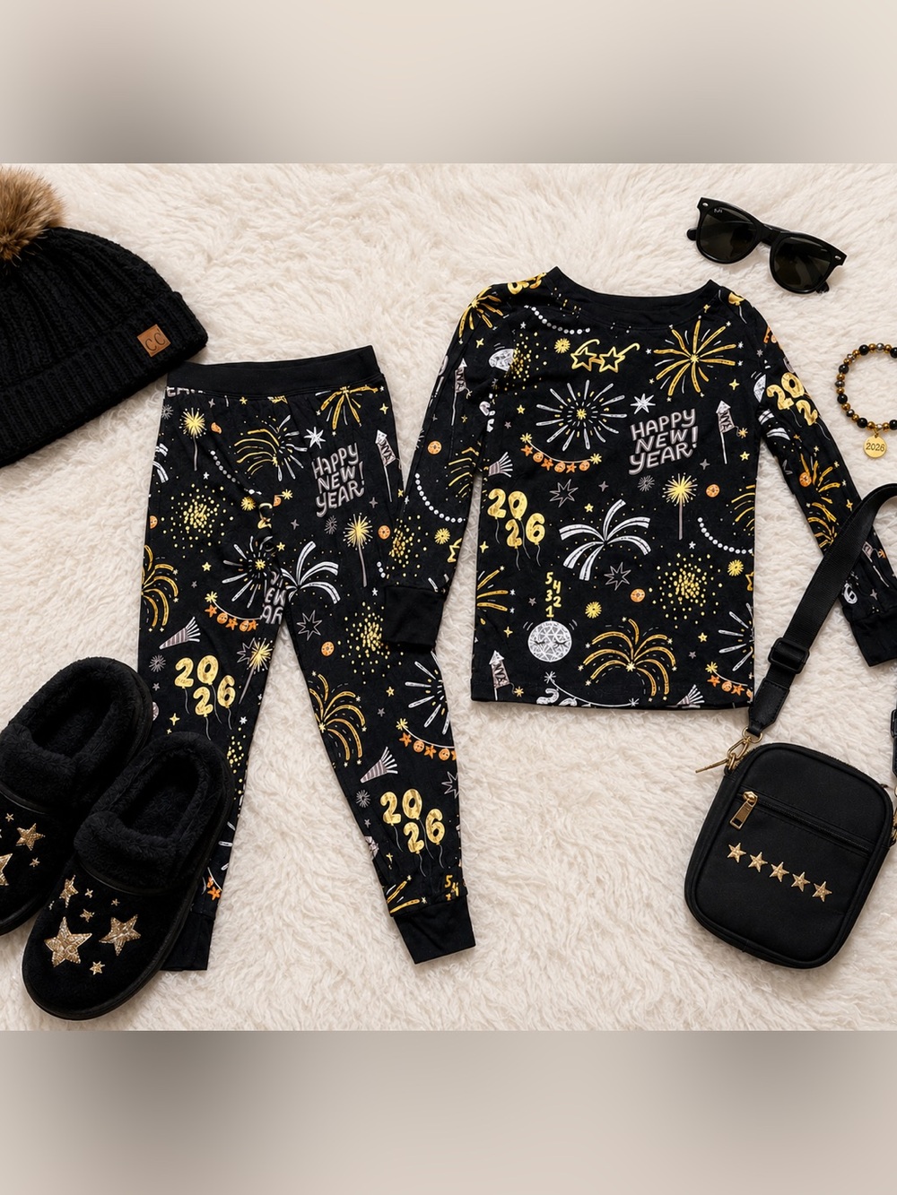 Little Sleepies Happy New Year 2026 Pajama Set Black Gold Kids Size 3T